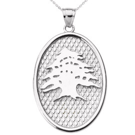 White Gold Lebanese Cedar Tree Oval Pendant Necklace