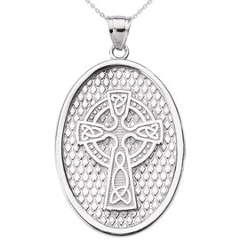 White Gold Trinity Knot Celtic Cross Oval Pendant Necklace