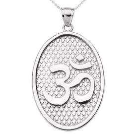 White Gold Om/Ohm Oval Pendant Necklace