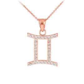 14K Rose Gold Gemini Zodiac Sign Diamond Pendant Necklace