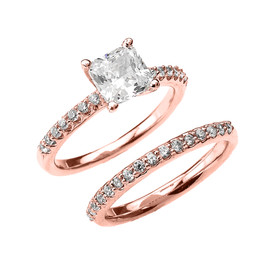 Rose Gold Princess CZ Classic Engagement Wedding Ring Set