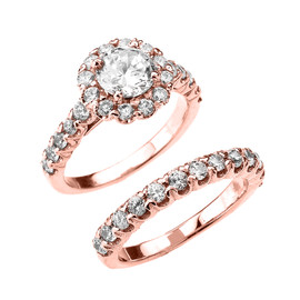 Rose Gold Halo CZ Engagement Wedding Ring Set