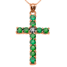 10k Rose Gold Diamond and Green CZ Cross Pendant Necklace
