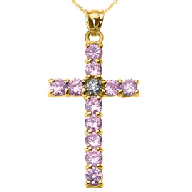 10k Yellow Gold Diamond and Pink CZ Cross Pendant Necklace
