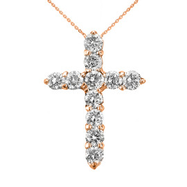 14k Rose Gold Round Diamond Cross Pendant Necklace