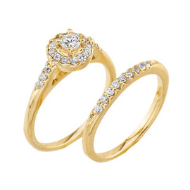 Yellow Gold CZ Halo Wedding Engagement Ring Set