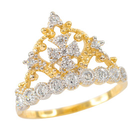 Gold Crown Cross CZ Ring