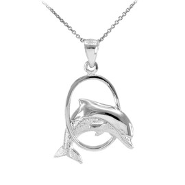 Sterling Silver Hoop Jumping Dolphin Pendant Necklace