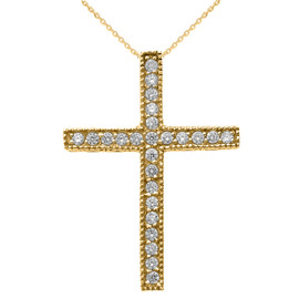 Yellow Gold Milgrain Edged Diamond Cross Pendant Necklace