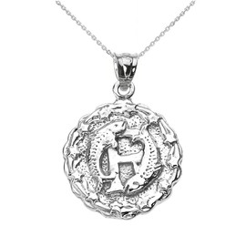Sterling Silver Pisces March Zodiac Sign Round Pendant Necklace
