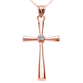 Rose Gold Solitaire Diamond Cross Pendant Necklace