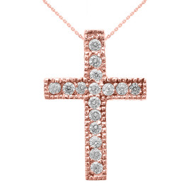 Rose Gold Milgrain Edged Diamond Cross Pendant Necklace (Small)