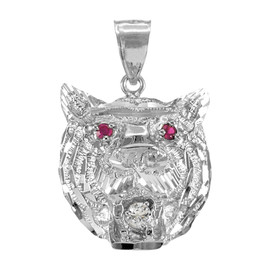 White Gold Tiger Head Red CZ Pendant