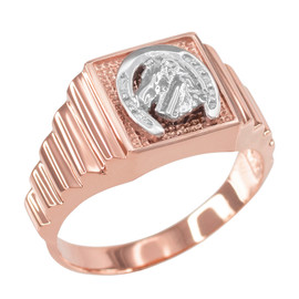 Rose Gold Lucky Horseshoe Square Mens Ring