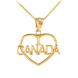 Yellow Gold Open Heart Shaped I Love CANADA Pendant Necklace