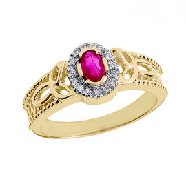 Yellow Gold Ruby and Diamond Trinity Knot Ladies Proposal Ring