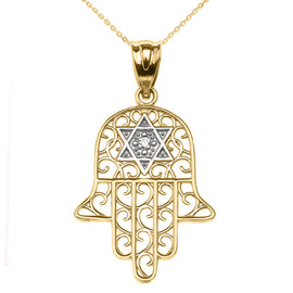Yellow Gold Hamsa Hand With Star of David Pendant Necklace