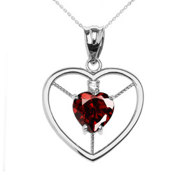 Elegant White Gold Garnet and Diamond Solitaire Heart Pendant Necklace