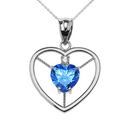 Elegant Sterling Silver Diamond and December Birthstone Light Blue Heart Solitaire Pendant Necklace