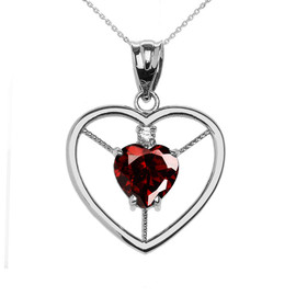 Elegant Sterling Silver Diamond and January Birthstone Red Heart Solitaire Pendant Necklace