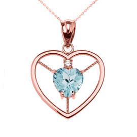 Elegant Rose Gold Diamond and March Birthstone Light Blue Aqua Heart Solitaire Pendant Necklace