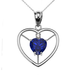 Elegant Sterling Silver Diamond and September Birthstone Blue CZ  Heart Solitaire Pendant Necklace