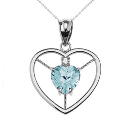 Elegant White Gold Diamond and March Birthstone Light Blue Aqua Heart Solitaire Pendant Necklace