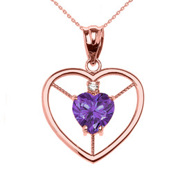 Elegant Rose Gold Diamond and June Birthstone Light Purple CZ Heart Solitaire Pendant Necklace