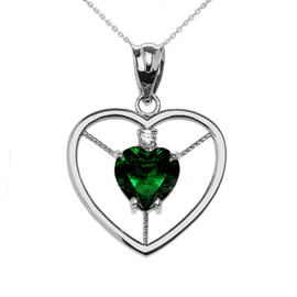 Elegant Sterling Silver Diamond and May Birthstone Green CZ Heart Solitaire Pendant Necklace