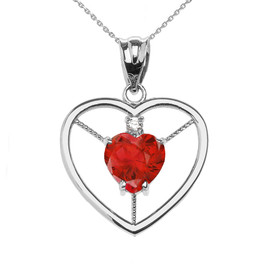 Elegant White Gold Diamond and July Birthstone Red CZ Heart Solitaire Pendant Necklace