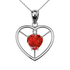 Elegant Sterling Silver Diamond and July Birthstone Red CZ Heart Solitaire Pendant Necklace