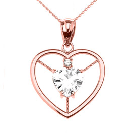 Elegant Rose Gold Diamond and April Birthstone White CZ Heart Solitaire Pendant Necklace