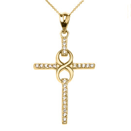 Yellow Gold and CZ Infinity Cross Pendant Necklace