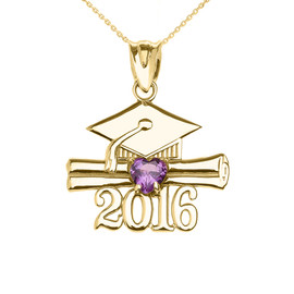 Yellow Gold Heart February Birthstone Purple Cz Class of 2016 Graduation Pendant Necklace