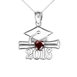 White Gold Heart January Birthstone Garnet Cz Class of 2016 Graduation Pendant Necklace