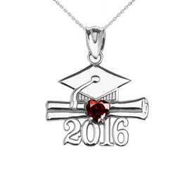 Sterling Silver Heart January Birthstone Garnet Cz Class of 2016 Graduation Pendant Necklace