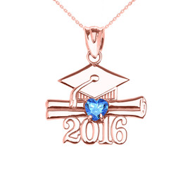 Rose Gold Heart December Birthstone Light Blue CZ Class of 2016 Graduation Pendant Necklace