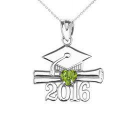 White Gold Heart August Birthstone Light Green Cz Class of 2016 Graduation Pendant Necklace