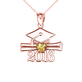 Rose Gold Heart November Birthstone Yellow Cz Class of 2016 Graduation Pendant Necklace