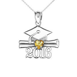 White Gold Heart November Birthstone Yellow Cz Class of 2016 Graduation Pendant Necklace