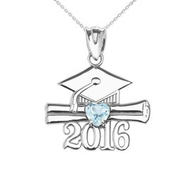 White Gold Heart March Birthstone Aqua Cz Class of 2016 Graduation Pendant Necklace