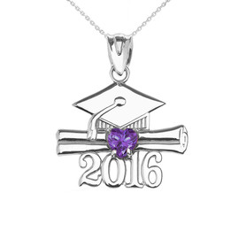 White Gold Heart June Birthstone Light Purple Cz Class of 2016 Graduation Pendant Necklace