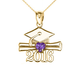 Yellow Gold Heart June Birthstone Light Purple Cz Class of 2016 Graduation Pendant Necklace