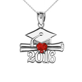 Sterling Silver Heart July Birthstone Red Cz Class of 2016 Graduation Pendant Necklace