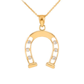 Gold Open Design Good Luck Horseshoe Diamond Pendant Necklace