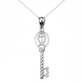 White Gold Ichthus Cross Key Pendant Necklace