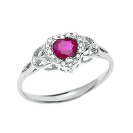 Elegant White Gold Diamond and Ruby Heart Trinity Knot Engagement Proposal Ring
