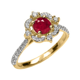 Yellow Gold Genuine Ruby And Diamond Dainty Engagement Proposal Ring
