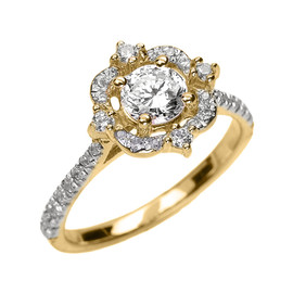 Yellow Gold Genuine White Topaz And Diamond Dainty Engagement Proposal Ring
