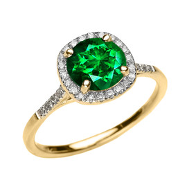 Yellow Gold Halo Diamond and Green CZ Dainty Engagement Proposal Ring